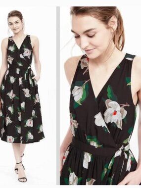 Black Magnolia Print Sleeveless Wrap Midi Dress | Banana Republic